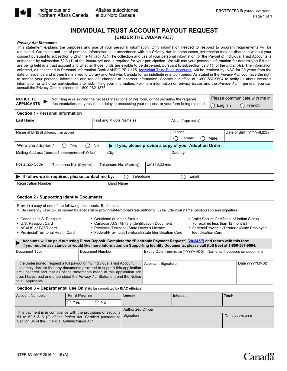 Form INTER83-150E Individual Trust Account Payout Request - Canada, Page 1