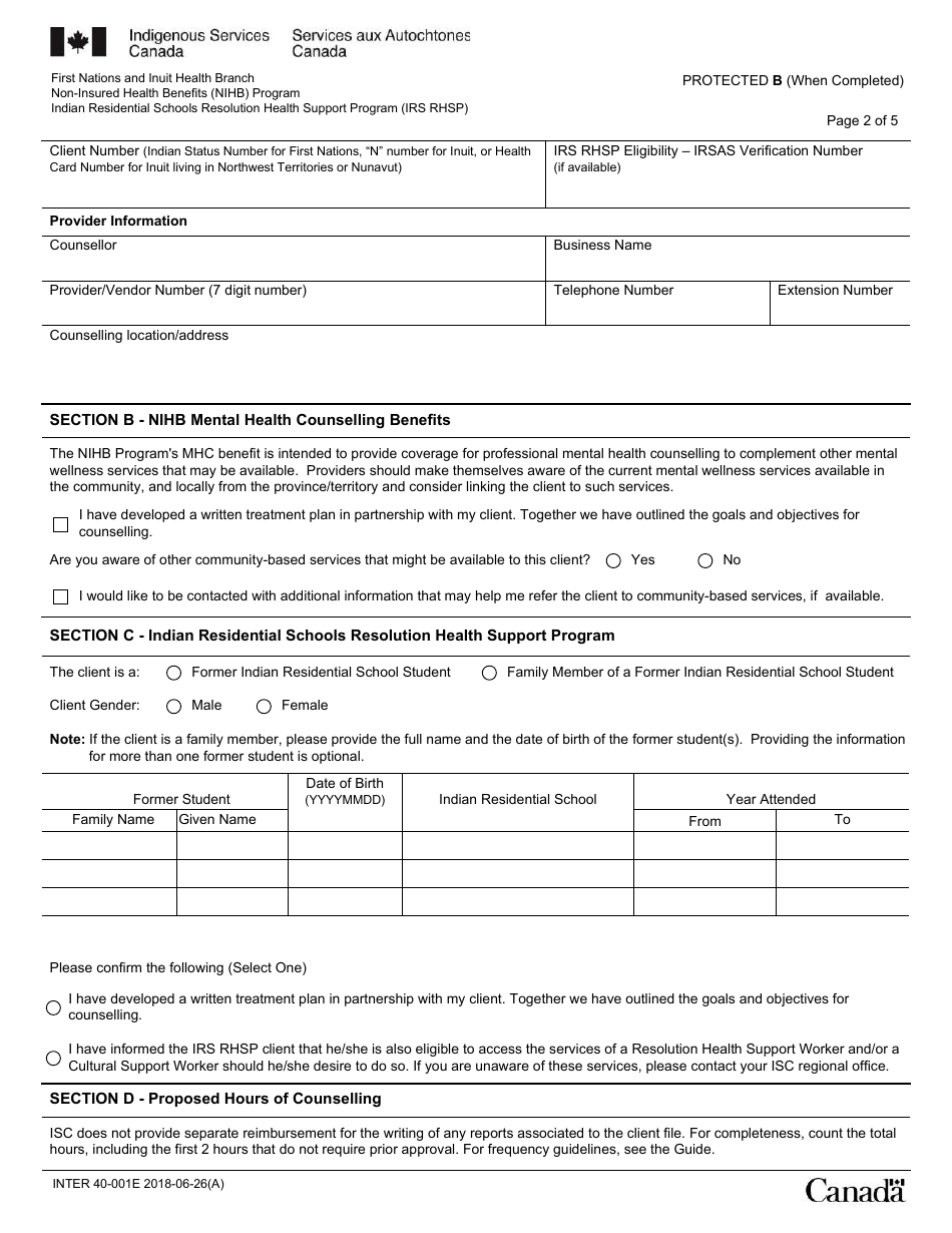 Form INTER40-001E Mental Health Counselling Coverage Prior Approval Request - Canada, Page 2