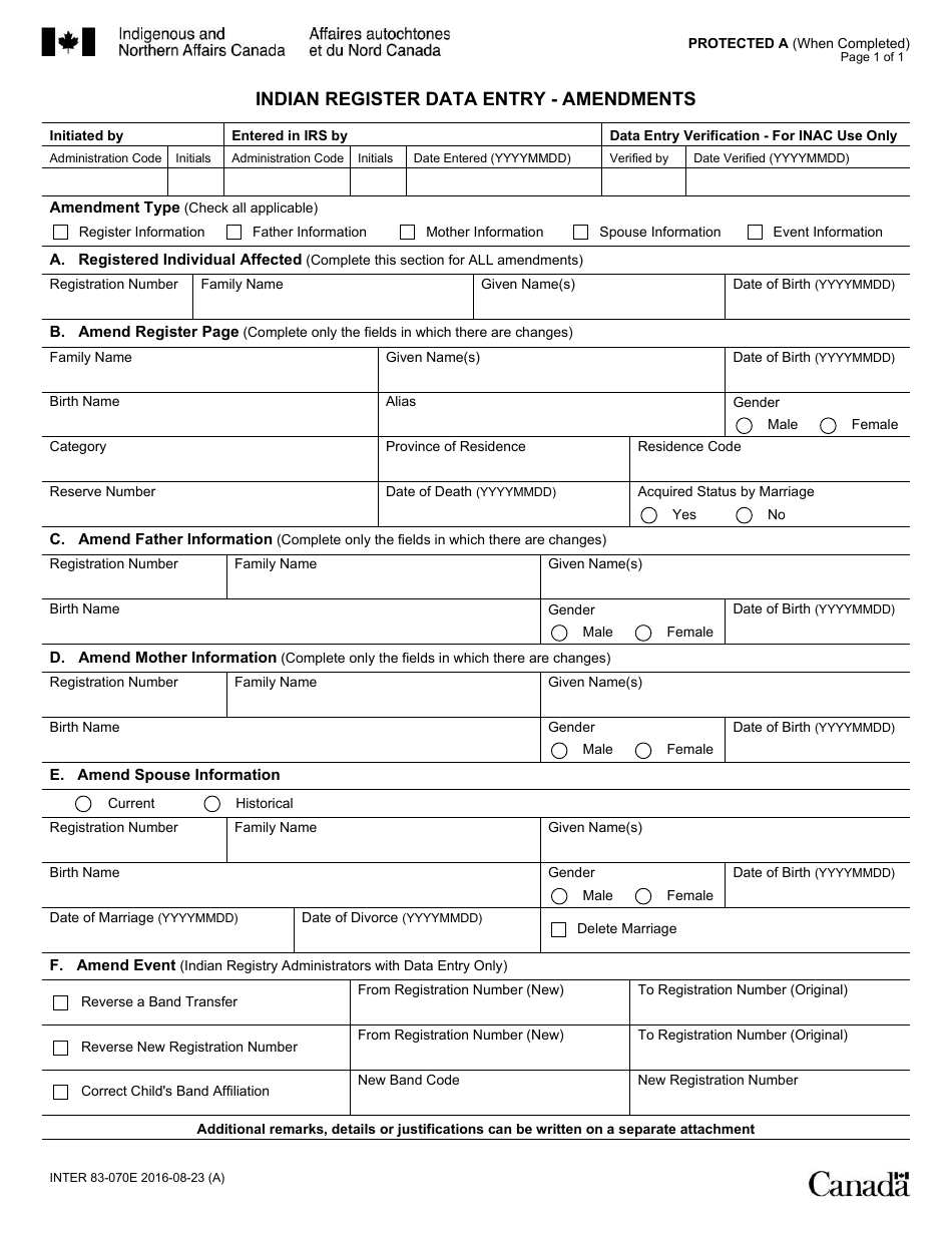 Form INTER83-070E Indian Register Data Entry - Amendments - Canada, Page 1
