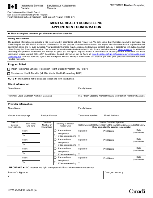 Form INTER40-004E Mental Health Counselling Appointment Confirmation - Canada