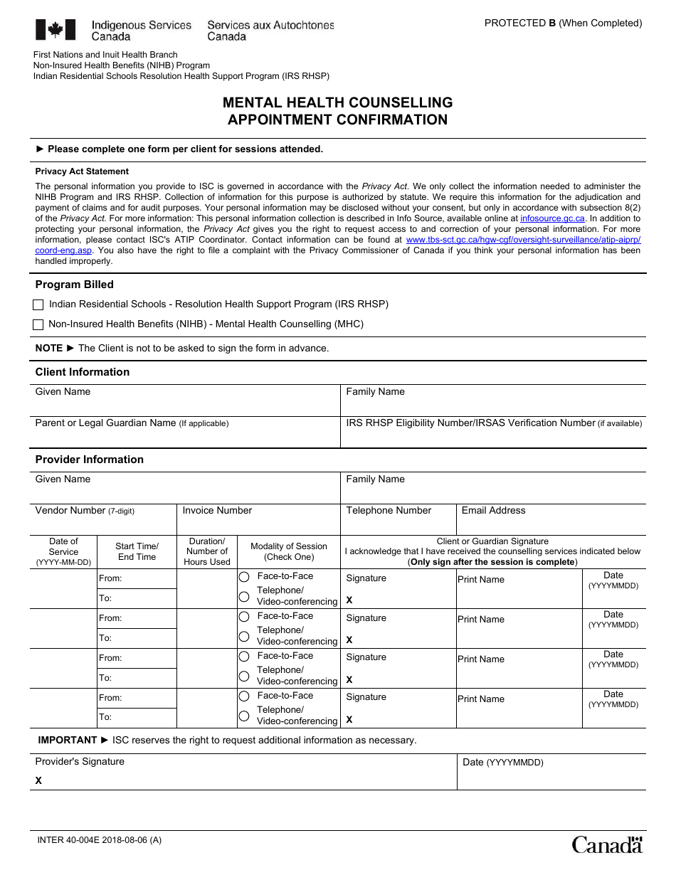 Form INTER40-004E Mental Health Counselling Appointment Confirmation - Canada, Page 1