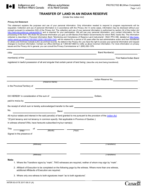 Form INTER83-017E Transfer of Land in an Indian Reserve - Canada