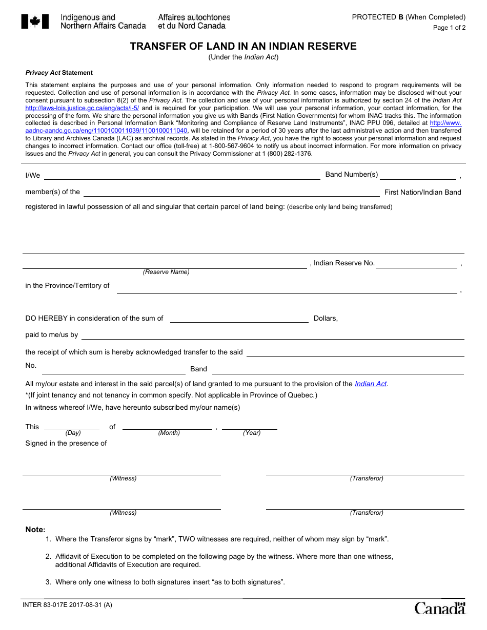 Form INTER83-017E Transfer of Land in an Indian Reserve - Canada, Page 1