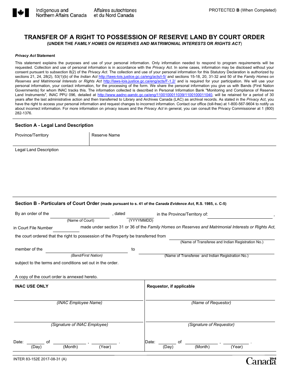 Form INTER83-152E Transfer of a Right to Possession of Reserve Land by Court Order - Canada, Page 1