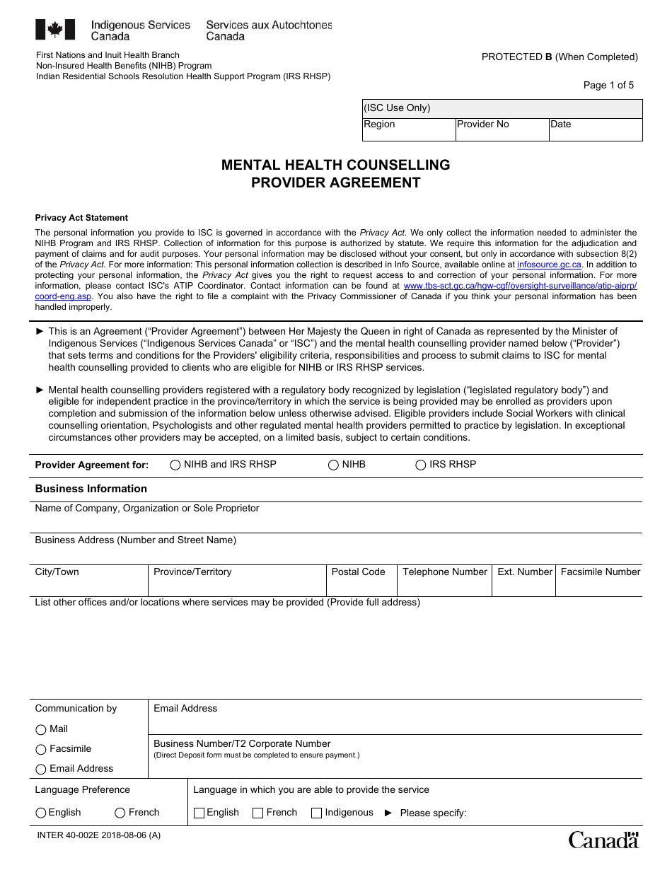 Form INTER40-002E Mental Health Counselling Provider Agreement - Canada, Page 1