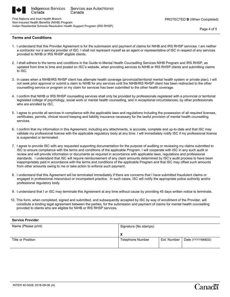 Form INTER40-002E Mental Health Counselling Provider Agreement - Canada, Page 4