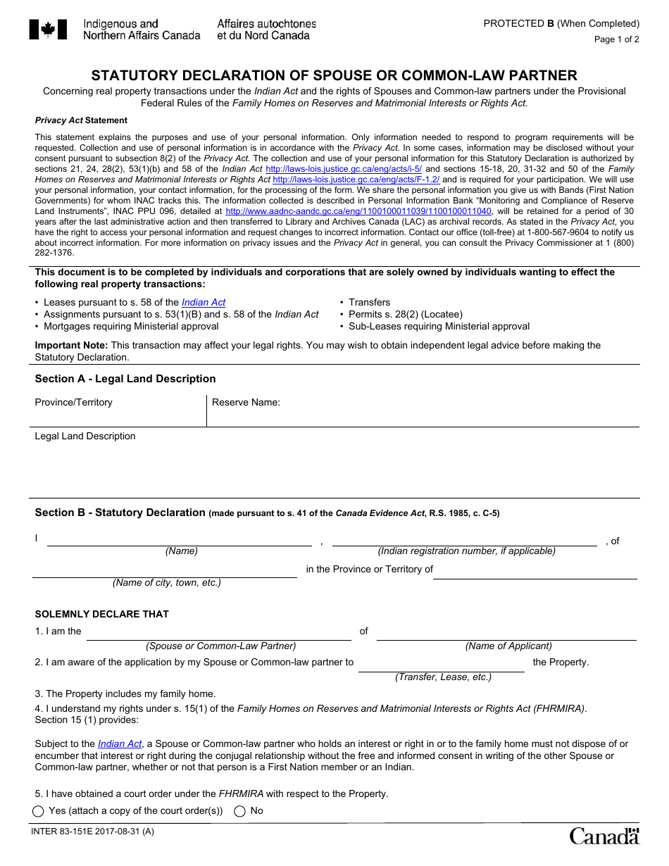 Form INTER83-151E Statutory Declaration of Spouse or Common-Law Partner - Canada, Page 1