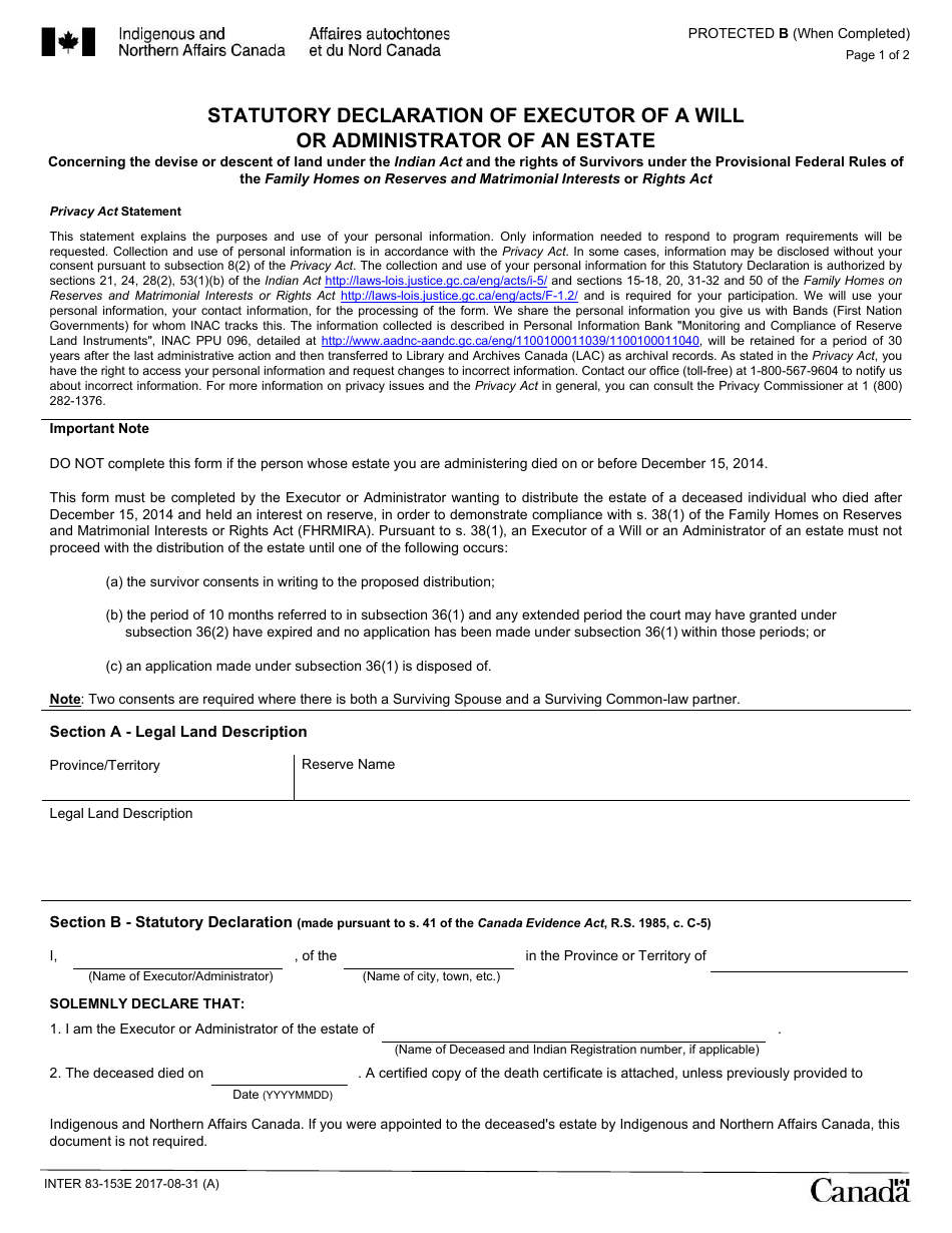Form INTER83-153E Statutory Declaration of Executor of a Will or Administrator of an Estate - Canada, Page 1