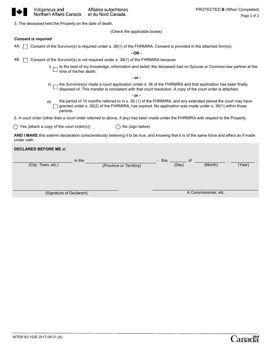 Form INTER83-153E Statutory Declaration of Executor of a Will or Administrator of an Estate - Canada, Page 2