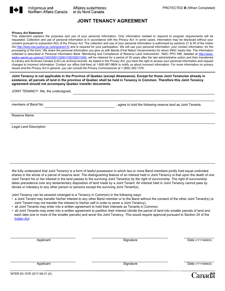 form inter83 157e download fillable pdf or fill online joint tenancy agreement canada templateroller