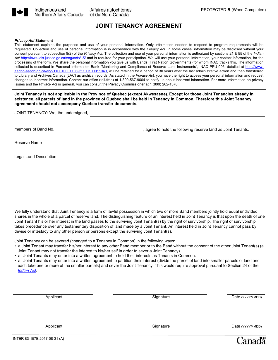 Form INTER83-157E Joint Tenancy Agreement - Canada, Page 1