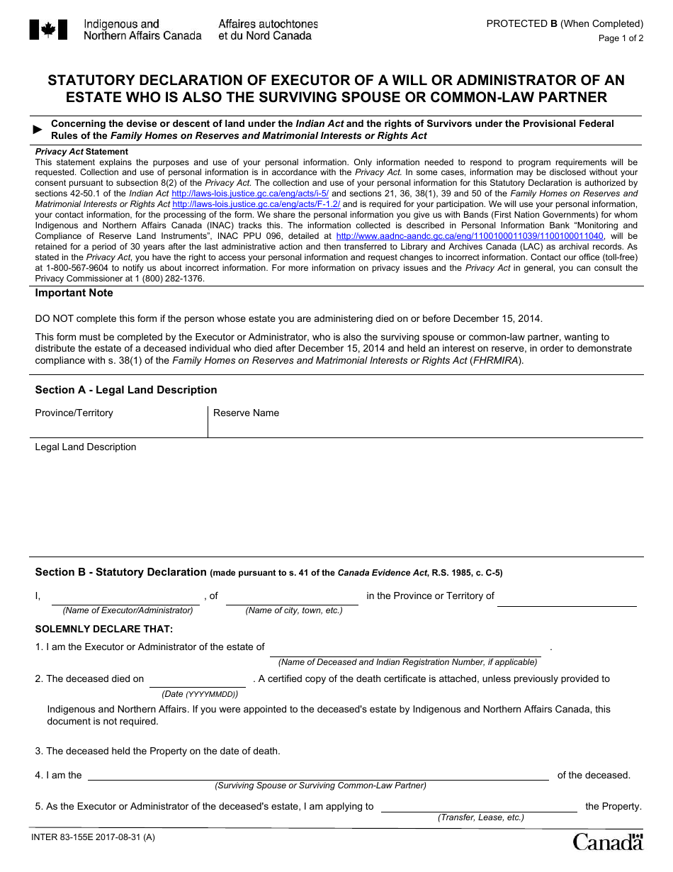Form INTER83-155E Statutory Declaration of Executor of a Will or Administrator of an Estate Who Is Also the Surviving Spouse or Common-Law Partner - Canada, Page 1