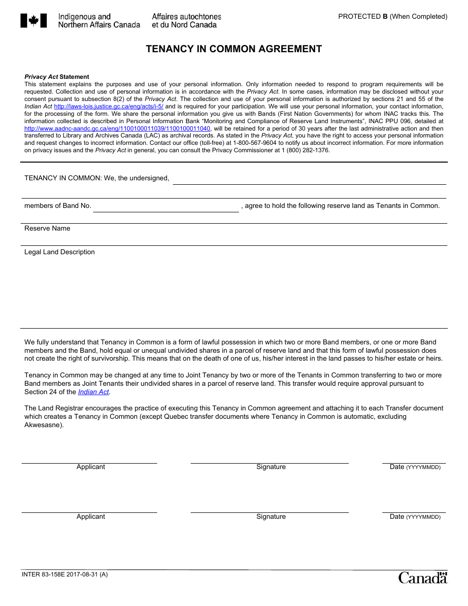 Form INTER83-158E Tenancy in Common Agreement - Canada, Page 1