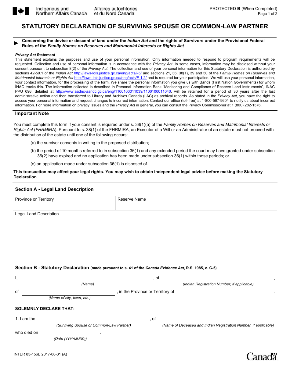 Form INTER83-156E Statutory Declaration of Surviving Spouse or Common-Law Partner - Canada, Page 1