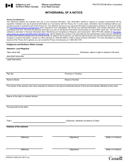 Form INTER83-162E Withdrawal of a Notice - Canada