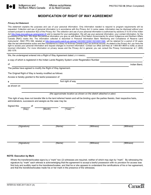 Form INTER83-163E Modification of Right of Way Agreement - Canada