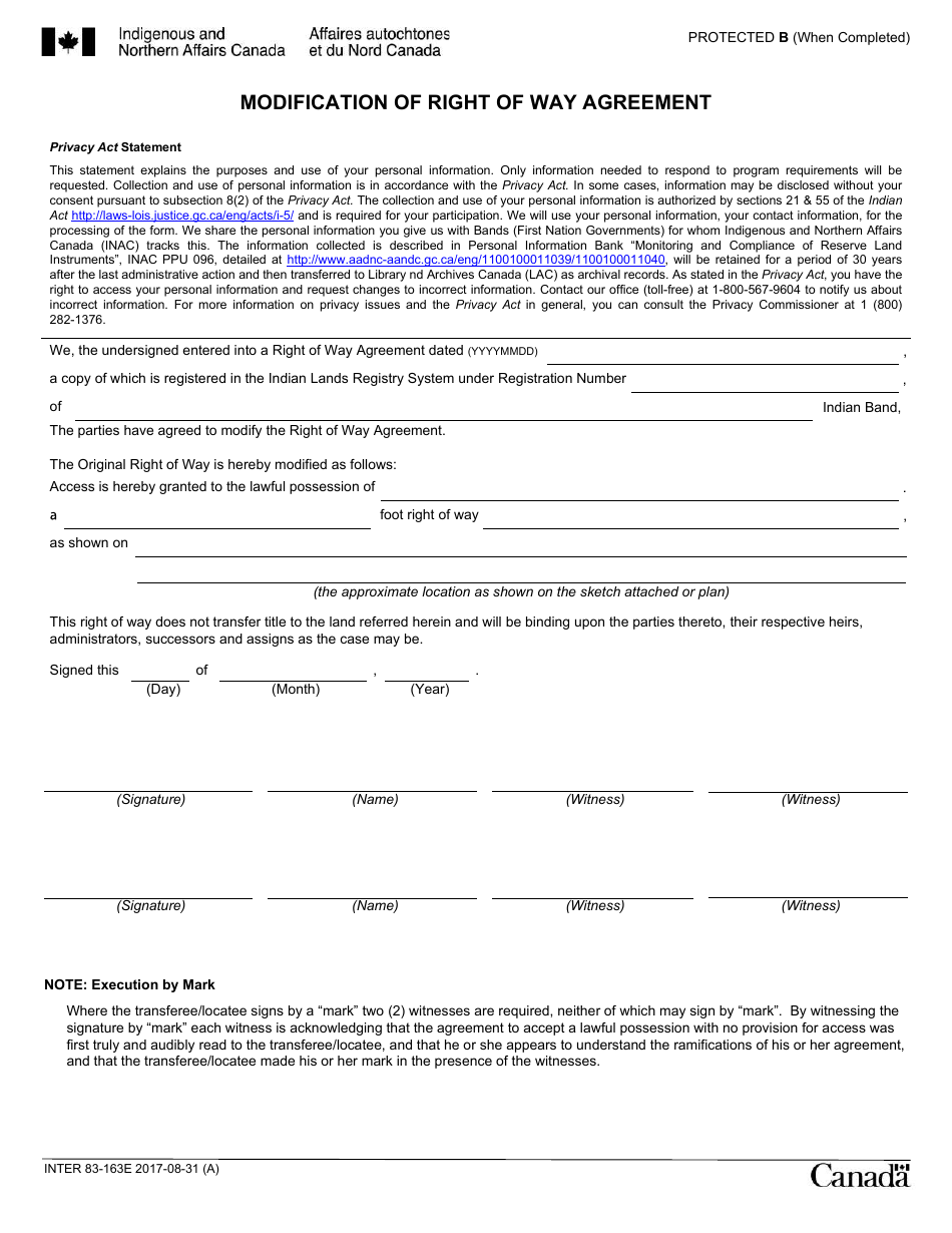 Form INTER83-163E Modification of Right of Way Agreement - Canada, Page 1