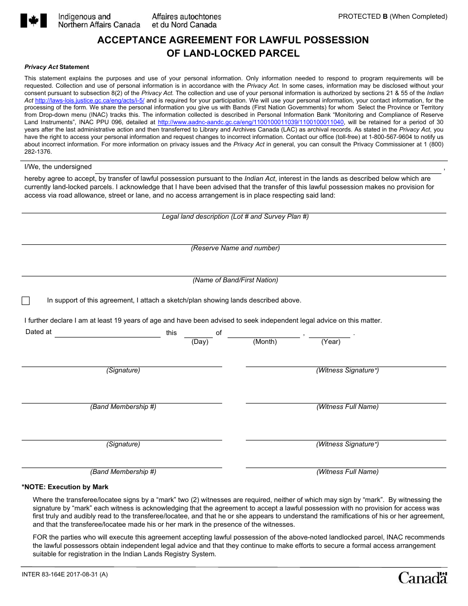 Form INTER83-164E Acceptance Agreement for Lawful Possession of Land-Locked Parcel - Canada, Page 1