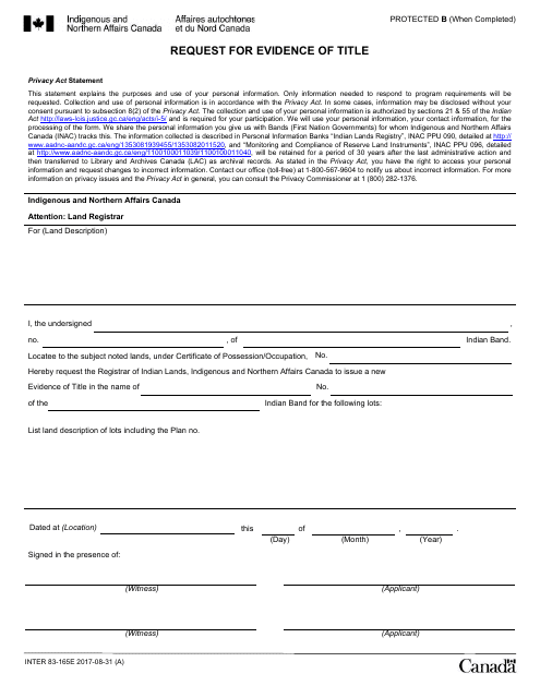 Form INTER83-165E Request for Evidence of Title - Canada