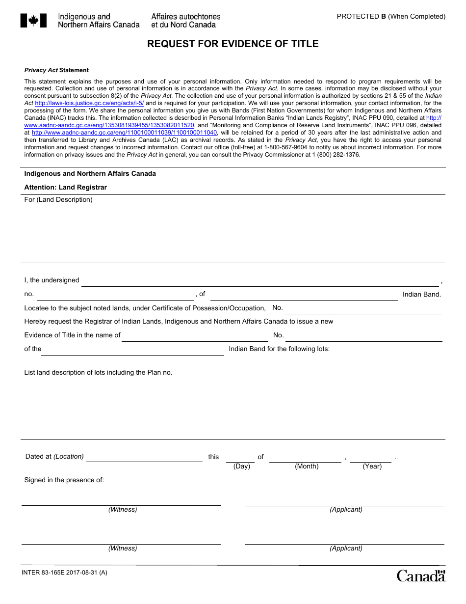 Form INTER83-165E Request for Evidence of Title - Canada, Page 1