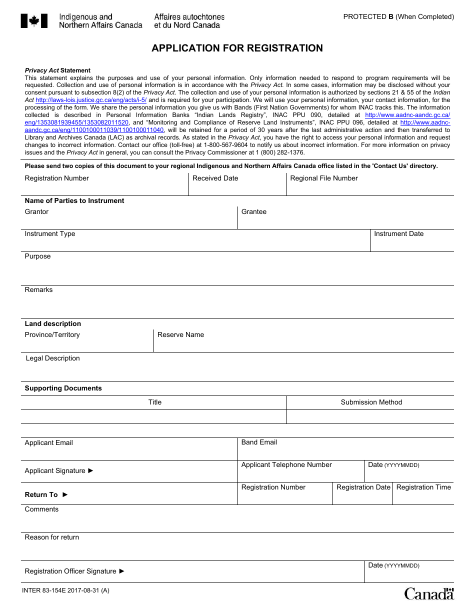 Form INTER83-154E Application for Registration - Canada, Page 1