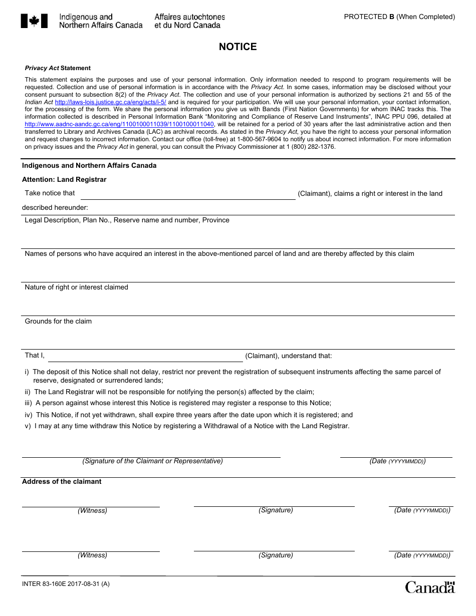 Form INTER83-160E Notice - Canada, Page 1