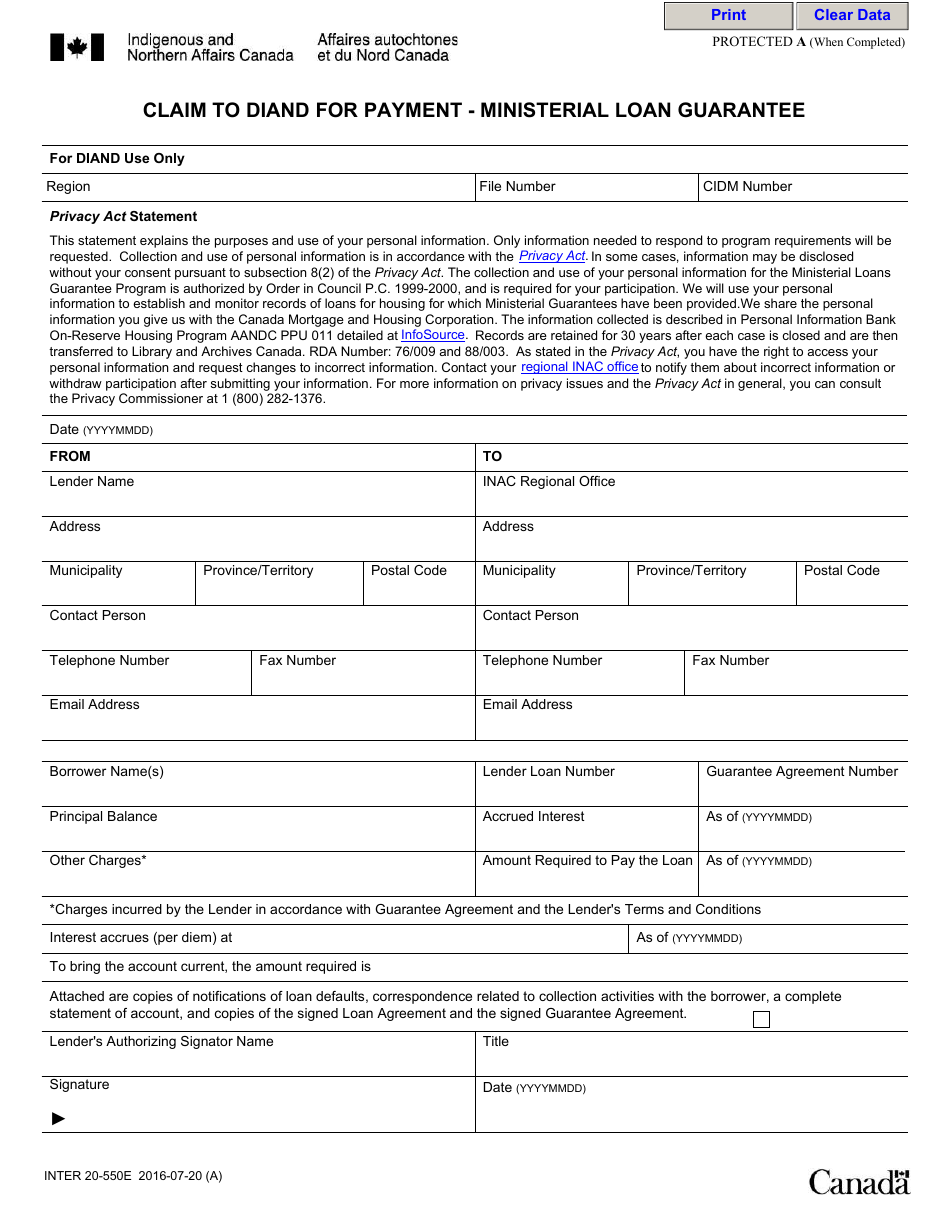 Form INTER20-550E Claim to Diand for Payment - Ministerial Loan Guarantee - Canada, Page 1