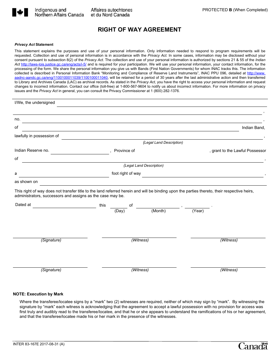 Form INTER83-167E Right of Way Agreement - Canada, Page 1
