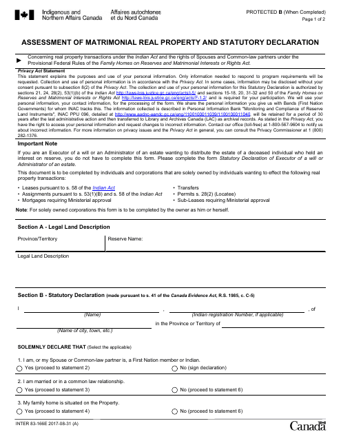 Form INTER83-166E Assessment of Matrimonial Real Property and Statutory Declaration - Canada
