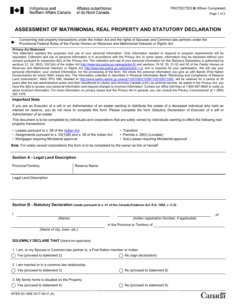 Form INTER83-166E Assessment of Matrimonial Real Property and Statutory Declaration - Canada, Page 1