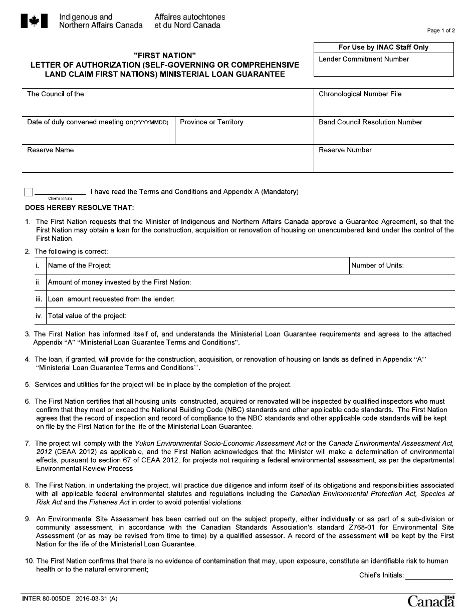 Form INTER80-005DE First Nation Letter of Authorization (Self-governing or Comprehensive Land Claim First Nations) - Ministerial Loan Guarantee - Canada, Page 1