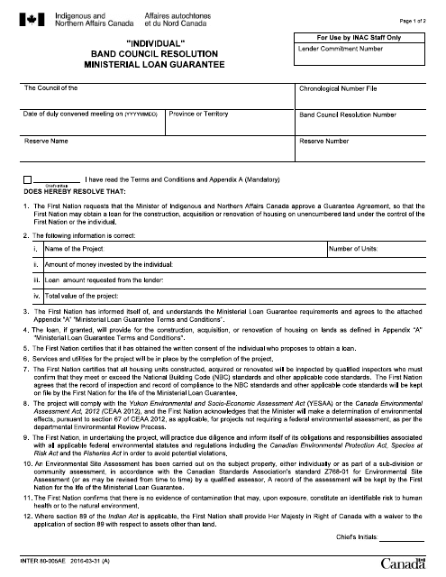 Form INTER80-005AE Individual Band Council Resolution - Ministerial Loan Guarantee - Canada