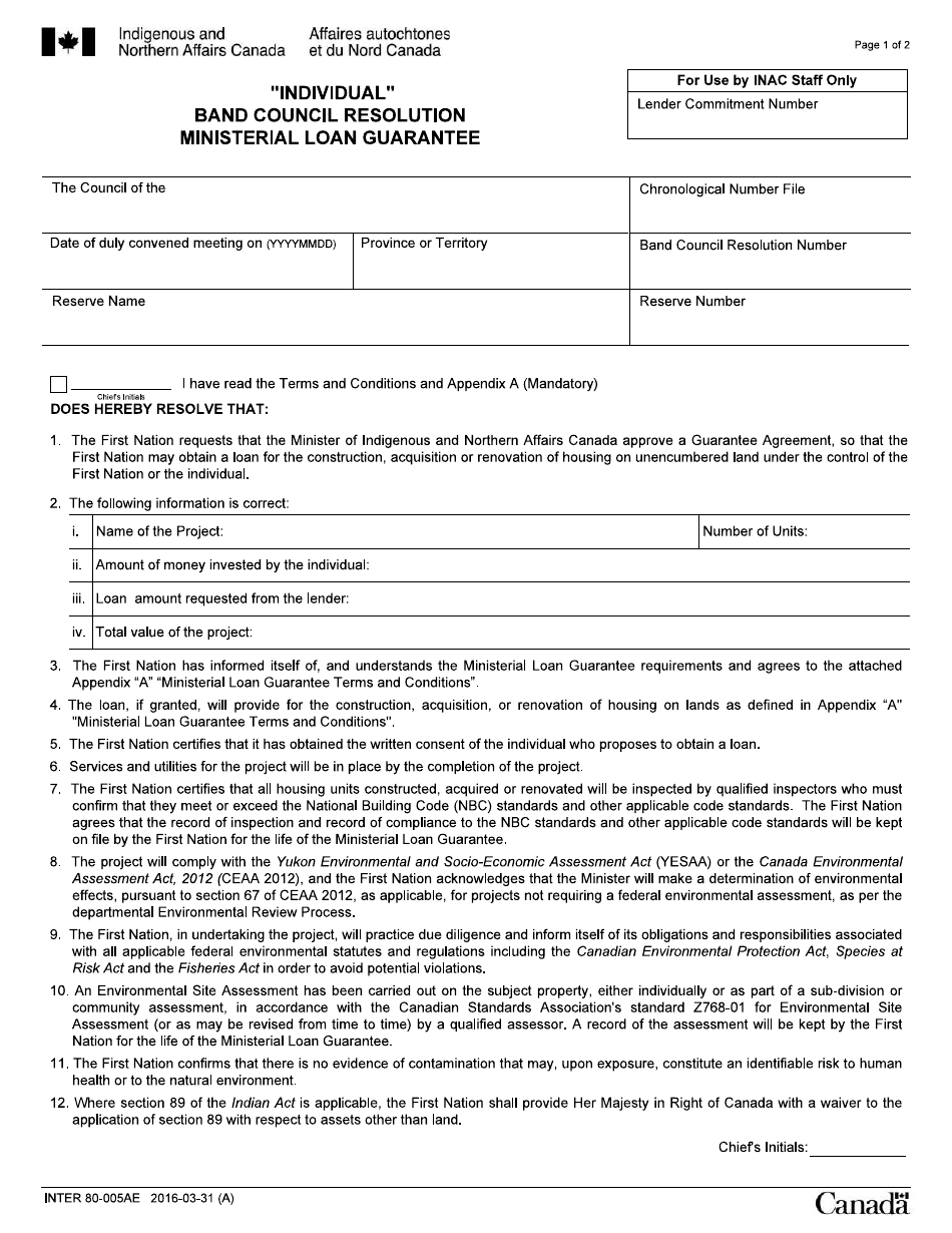 Form INTER80-005AE Individual Band Council Resolution - Ministerial Loan Guarantee - Canada, Page 1