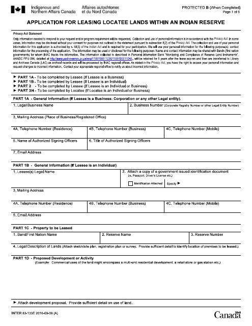 Form INTER83-133E Application for Leasing Locatee Lands Within an Indian Reserve - Canada