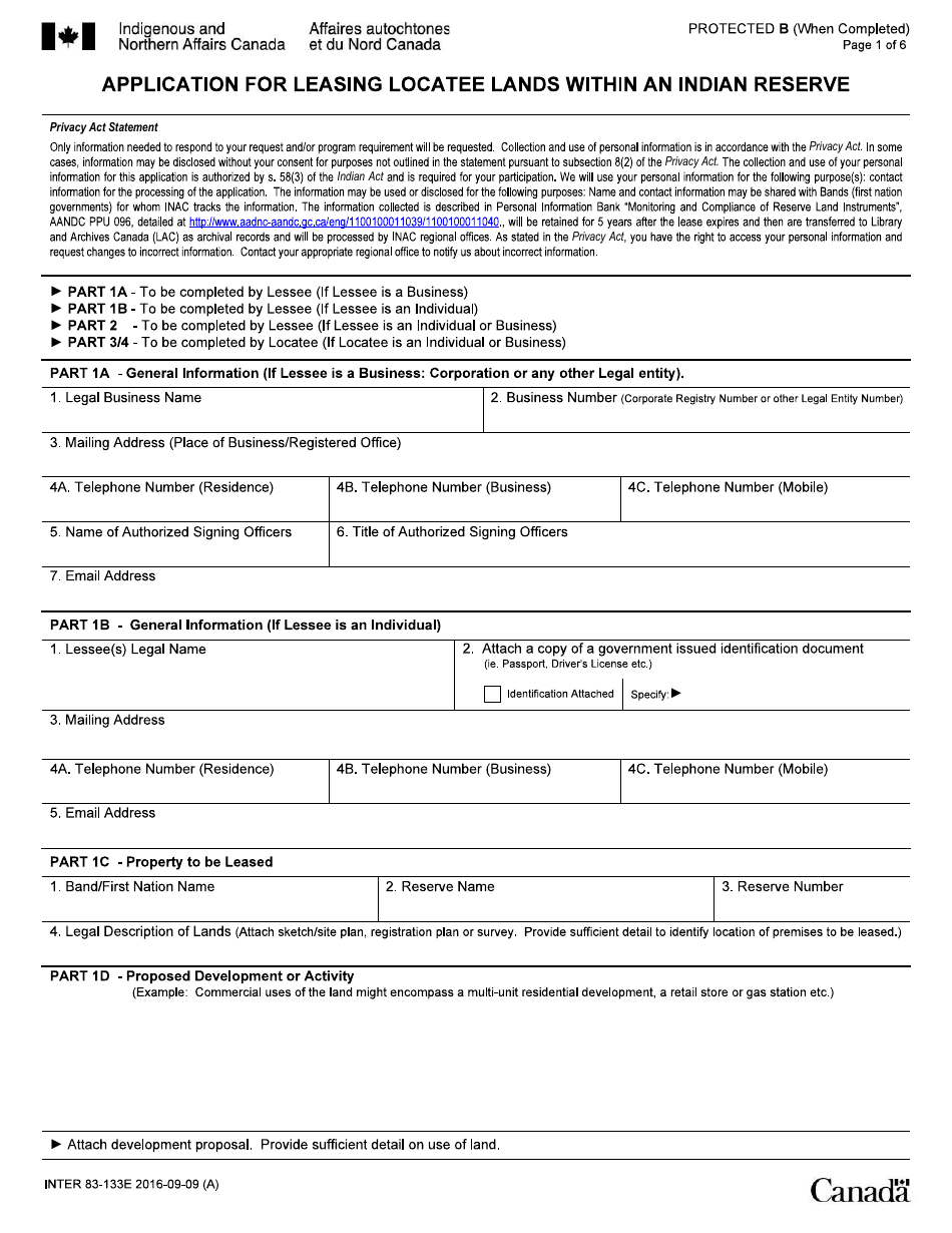 Form INTER83-133E Application for Leasing Locatee Lands Within an Indian Reserve - Canada, Page 1
