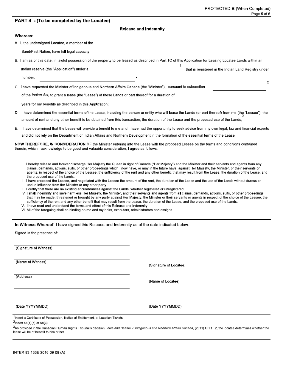 Form INTER83-133E Application for Leasing Locatee Lands Within an Indian Reserve - Canada, Page 5