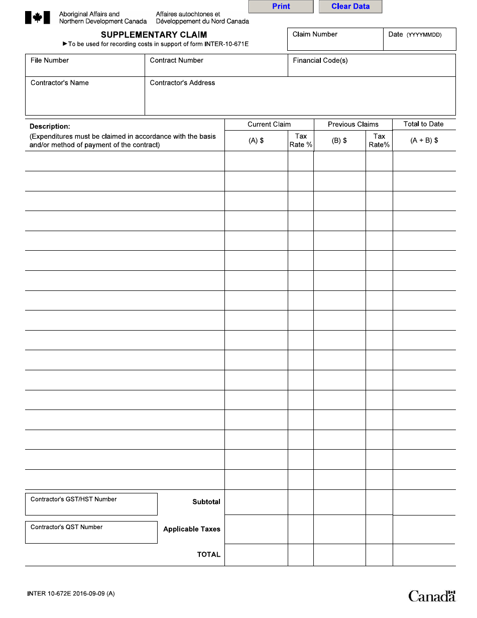 Form INTER10-672E Supplementary Claim - Canada, Page 1