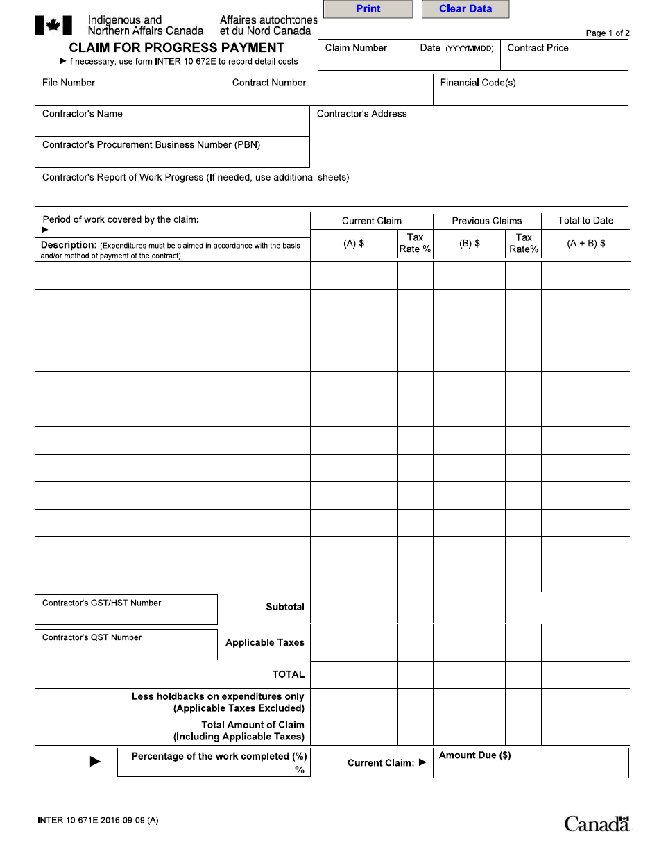 Form INTER10-671E Claim for Progress Payment - Canada, Page 1