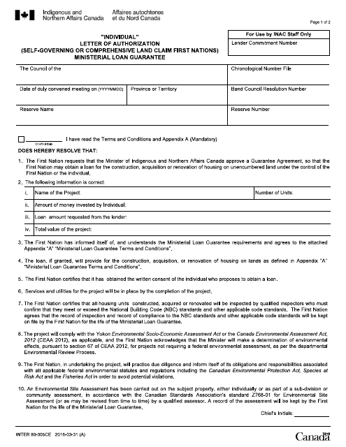 Form INTER80-005CE Individual Letter of Authorization (Self-governing or Comprehensive Land Claim First Nations) - Ministerial Loan Guarantee - Canada