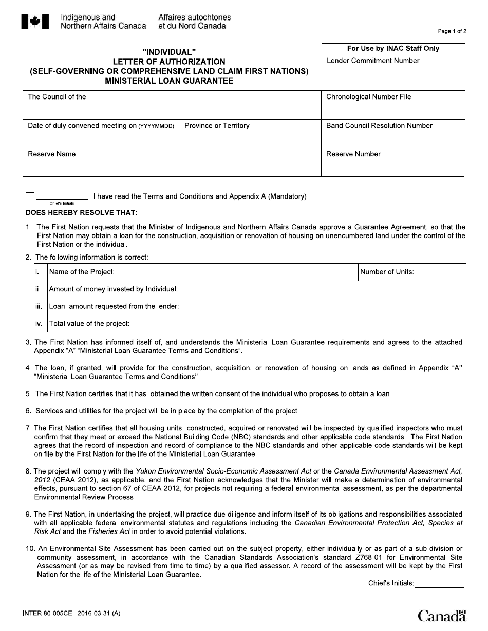 Form INTER80-005CE Individual Letter of Authorization (Self-governing or Comprehensive Land Claim First Nations) - Ministerial Loan Guarantee - Canada, Page 1