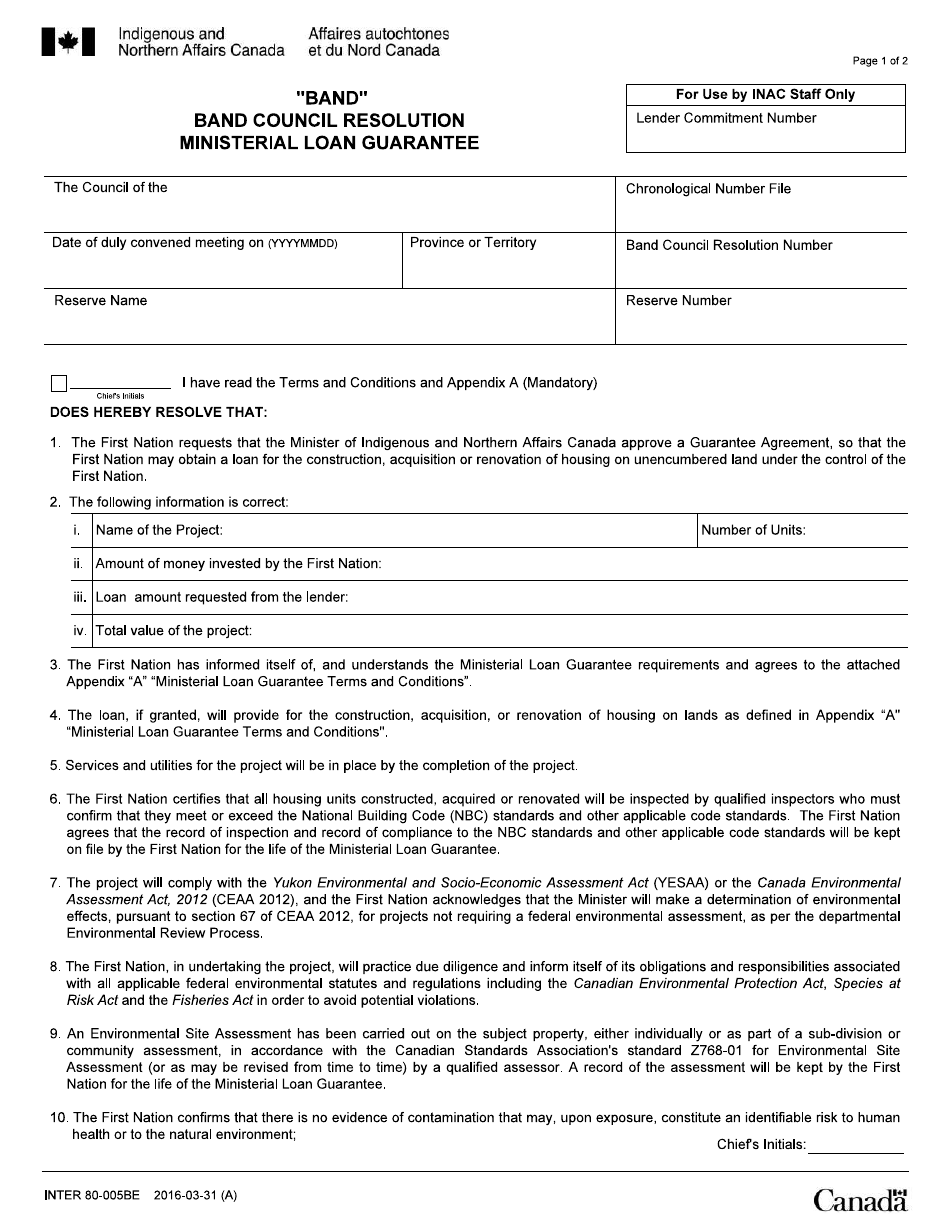 Form INTER80-005BE Band Council Resolution - Ministerial Loan Guarantee - Canada, Page 1
