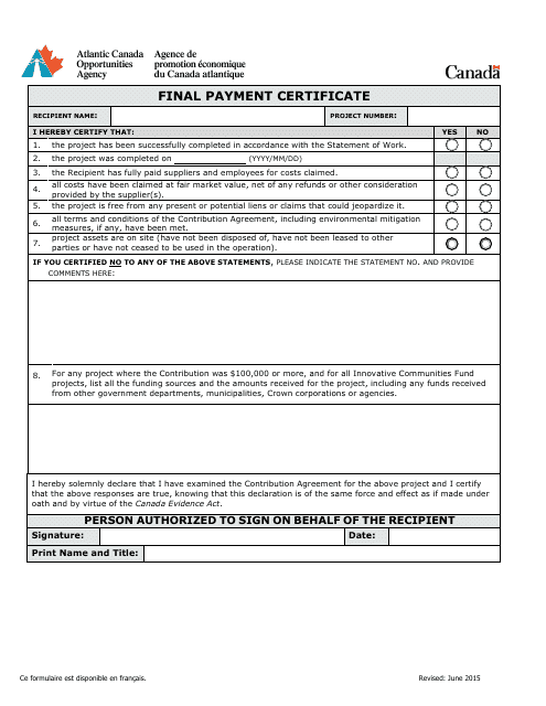 Final Payment Certificate - Canada