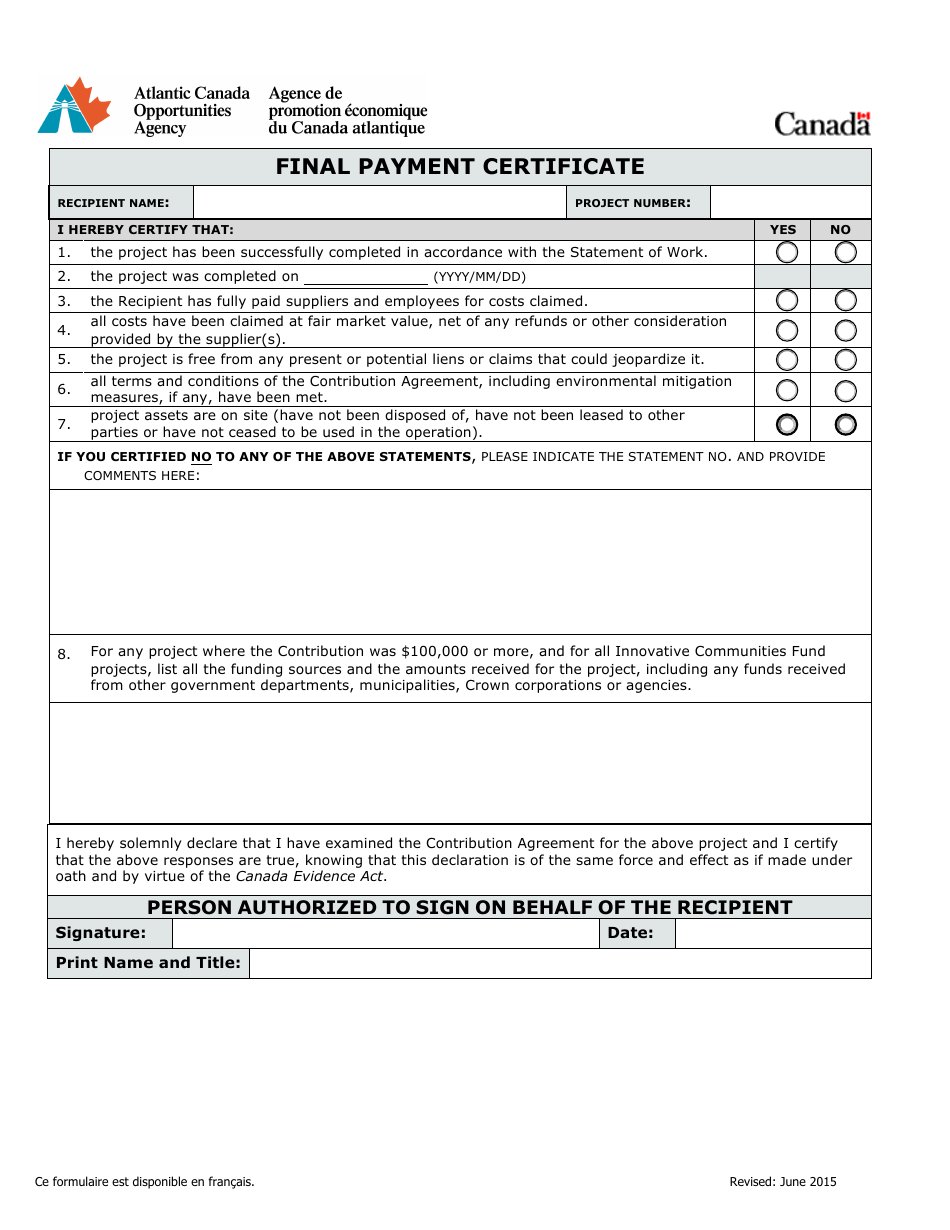 Final Payment Certificate - Canada, Page 1