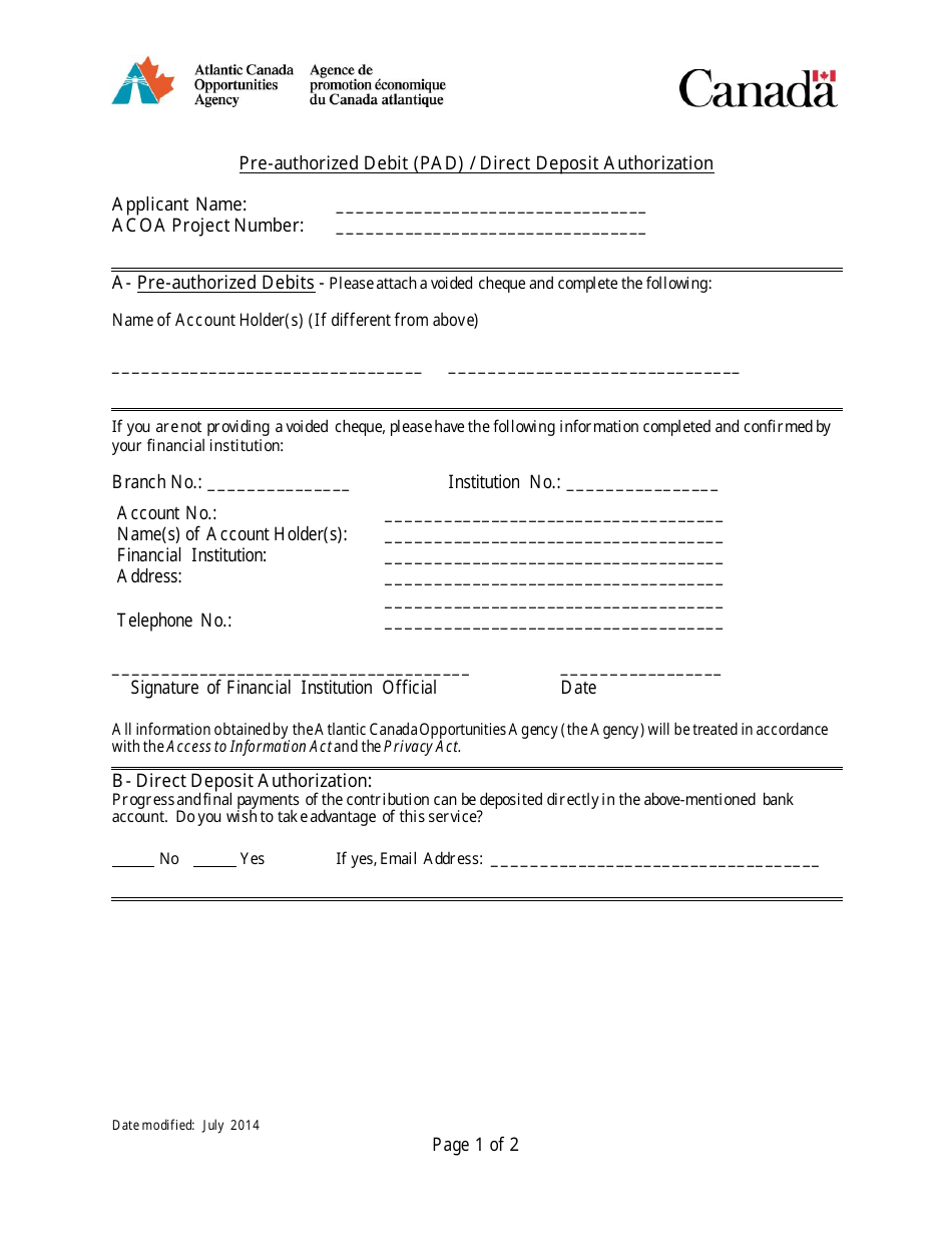 Canada Pre-authorized Debit (Pad) / Direct Deposit Authorization Throughout direct debit agreement template