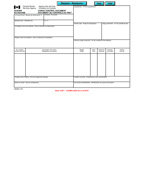 Form A8A(B) In Bond Cargo Control Document - Canada (English/French)