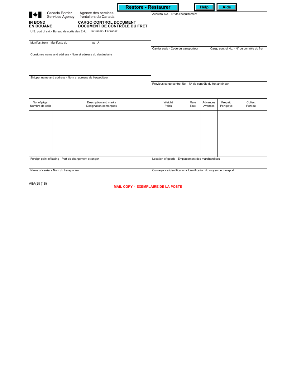 Form A8A(B) In Bond Cargo Control Document - Canada (English / French), Page 1