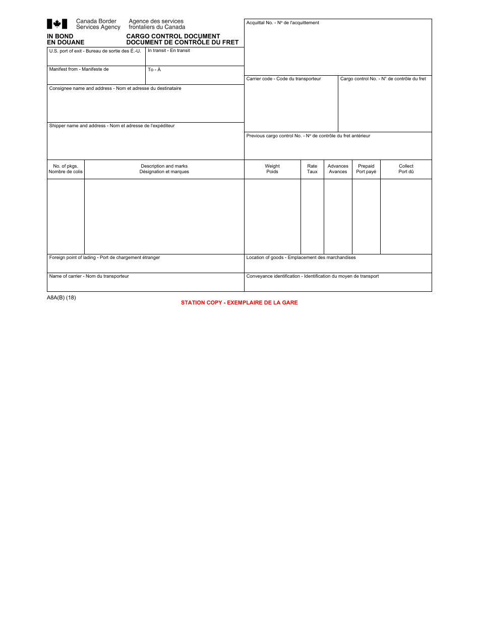 Form A8A(B) In Bond Cargo Control Document - Canada (English / French), Page 2