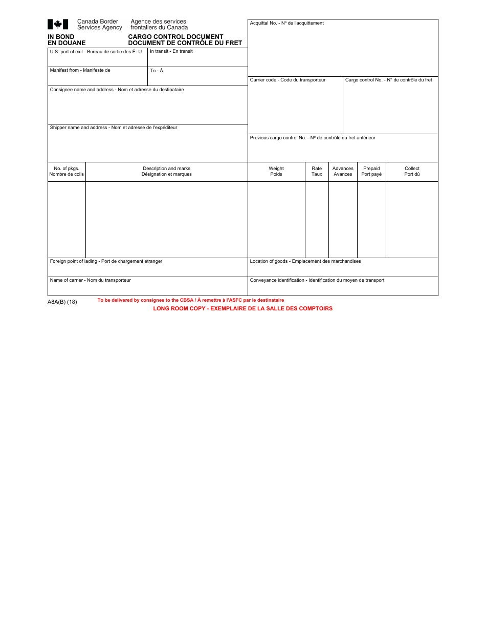 Form A8A(B) In Bond Cargo Control Document - Canada (English / French), Page 3