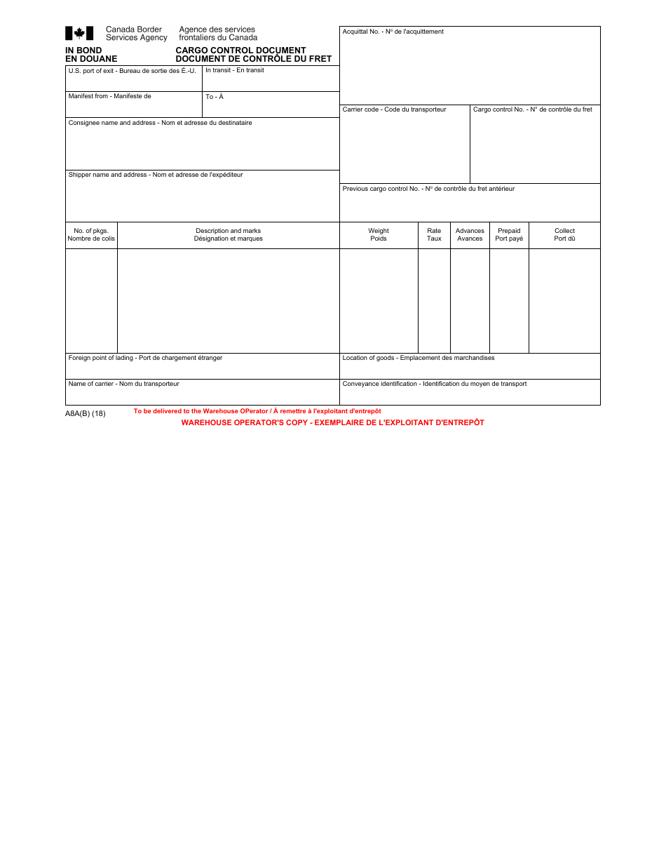 Form A8A(B) In Bond Cargo Control Document - Canada (English / French), Page 4