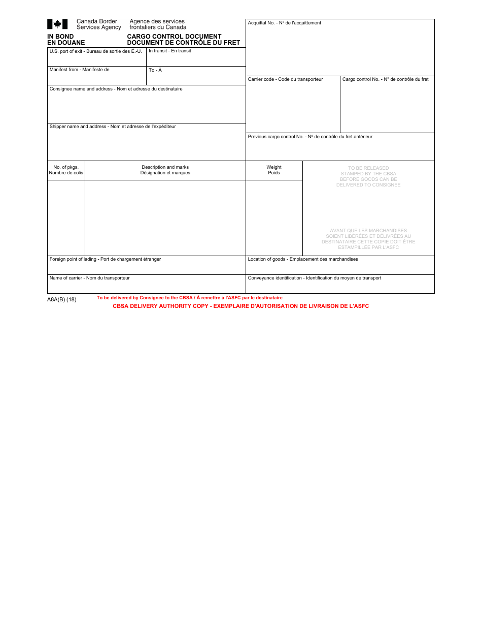 Form A8A(B) In Bond Cargo Control Document - Canada (English / French), Page 5